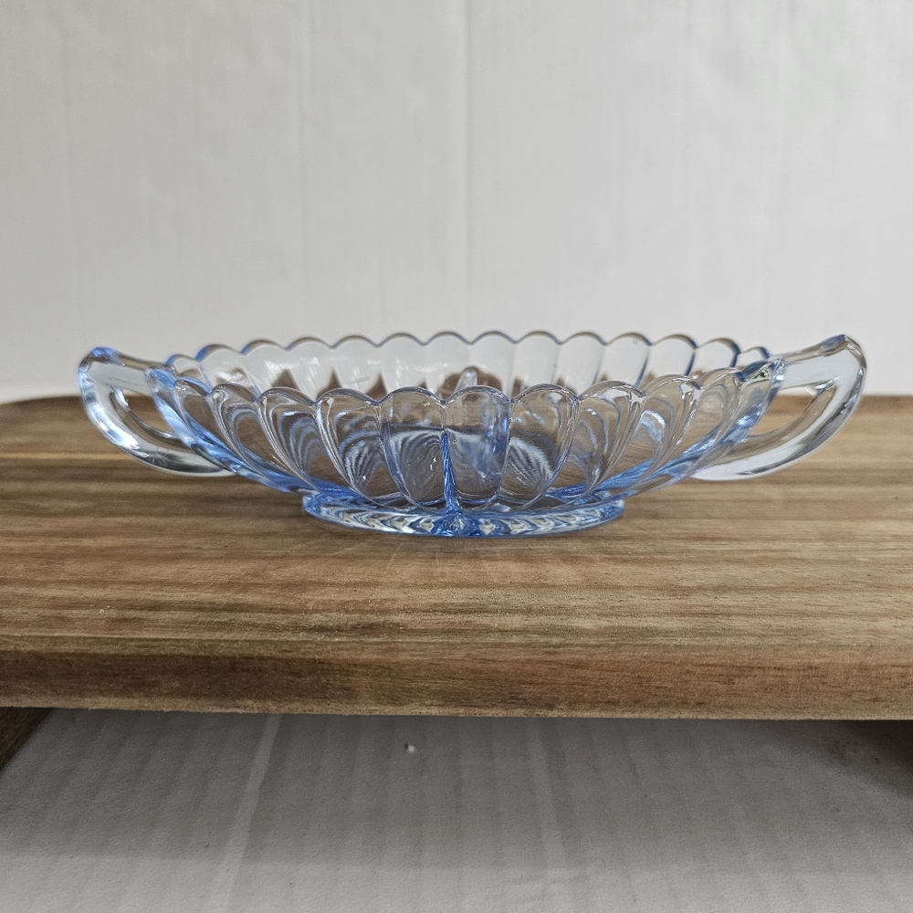 Vintage Imperial Glass Divided Oval Pickle Dish Handles Ice Blue Pillar Flute